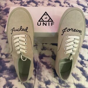 Brand new, never worn, white suede unisex UNIF F*cked Forever sneakers